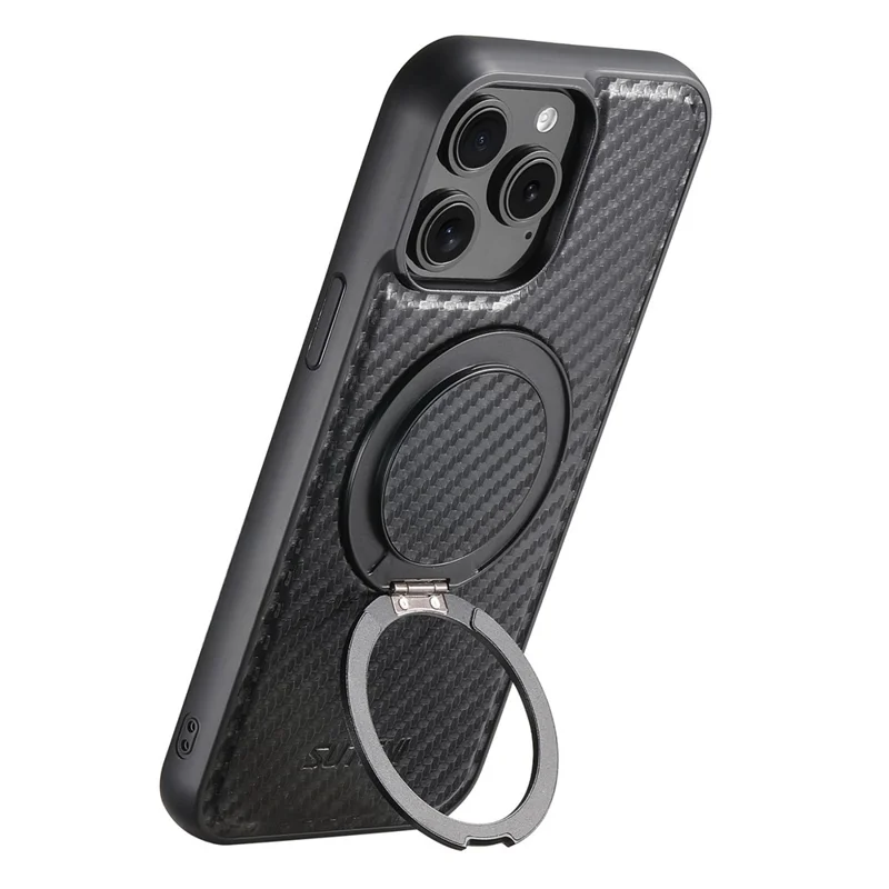 SUTENI G3 For iPhone 12 / 12 Pro Magnetic Case Rotating Kickstand Carbon Fiber Texture Leather Phone Back Cover