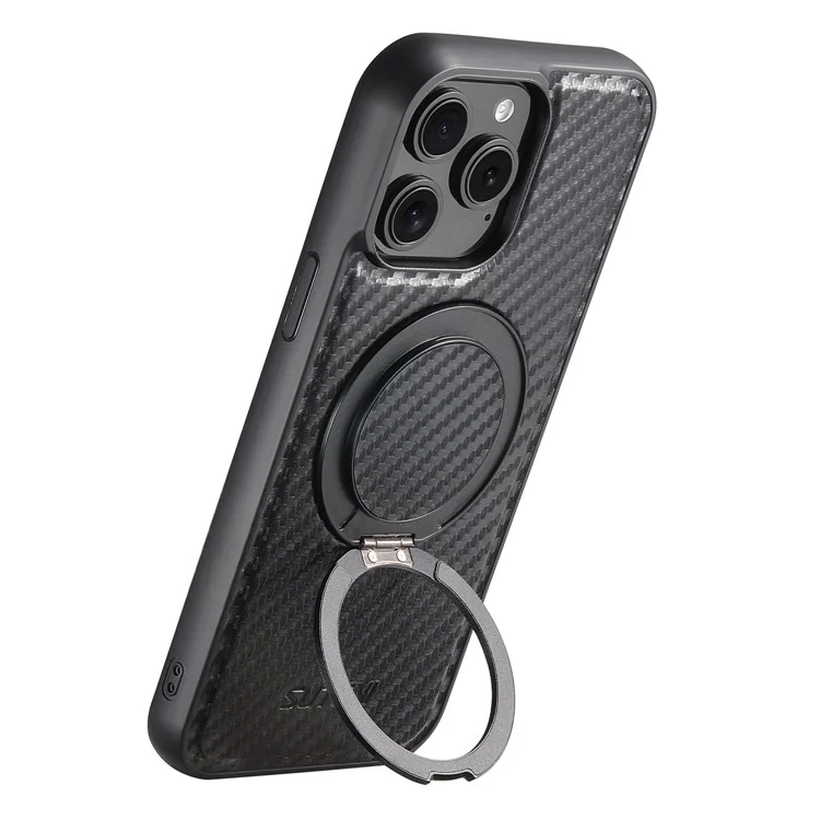 SUTENI G3 Funda Magnética para iPhone 12 Pro Max Rotación de 360 Grados Soporte Textura de Fibra de Carbono Cubierta Trasera de Teléfono de PU