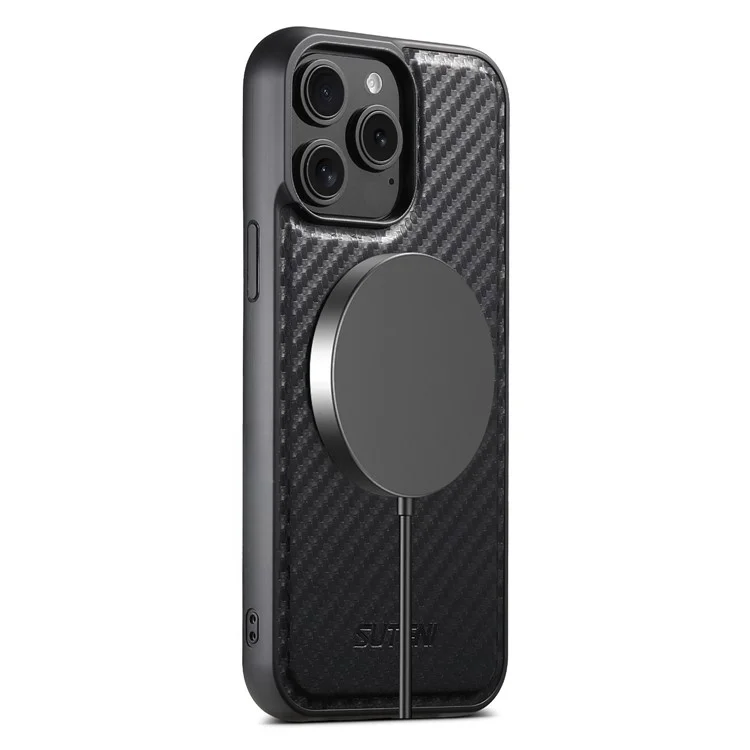 SUTENI G3 Funda Magnética para iPhone 12 Pro Max Rotación de 360 Grados Soporte Textura de Fibra de Carbono Cubierta Trasera de Teléfono de PU