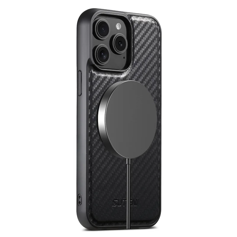 SUTENI G3 For iPhone 13 Pro Magnetic Case Rotating Kickstand Carbon Fiber Texture Leather Phone Back Cover