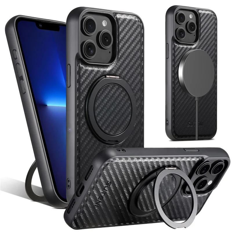 SUTENI G3 For iPhone 13 Pro Max Magnetic Case Rotating Kickstand Carbon Fiber Texture Leather Phone Back Cover