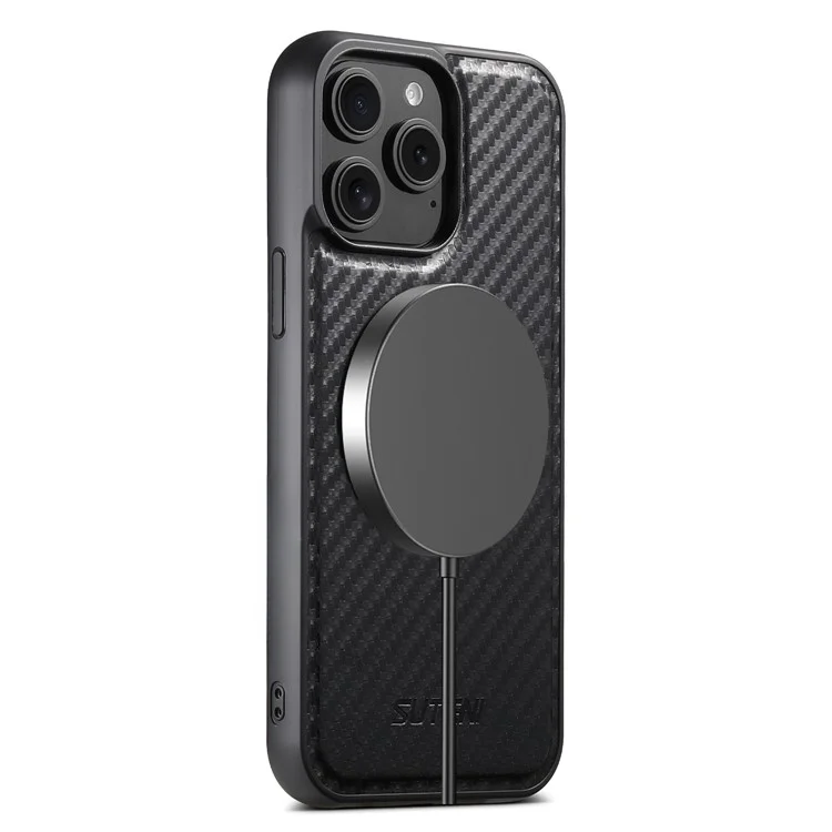 Funda magnética SUTENI G3 para iPhone 14 Pro Soporte giratorio de 360 grados Textura de fibra de carbono Cubierta trasera de teléfono de PU