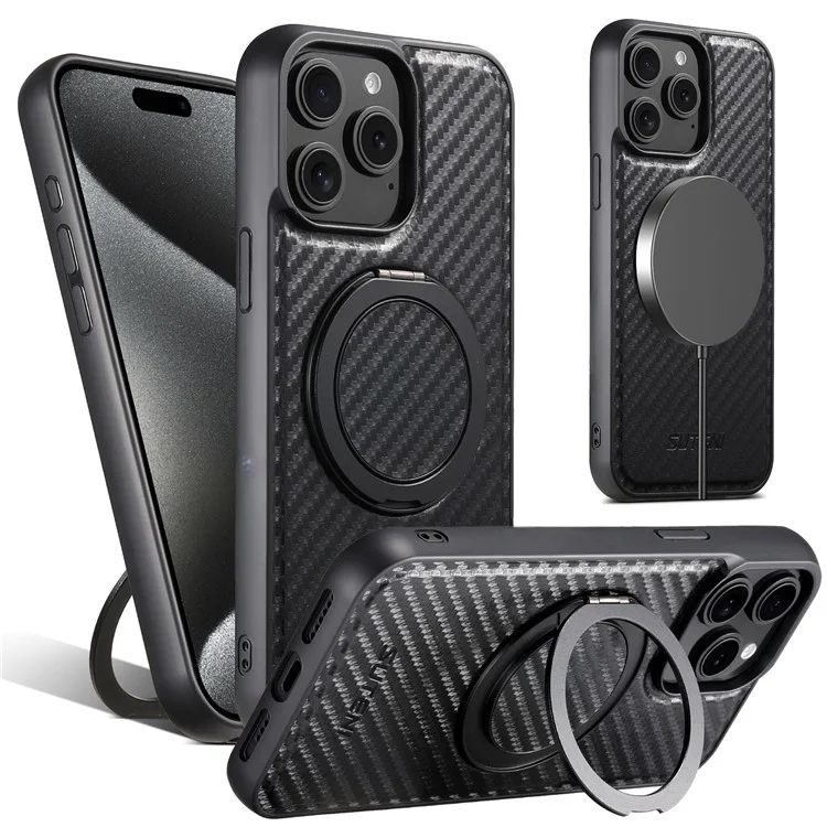 SUTENI G3 For iPhone 14 Pro Max Magnetic Case 360 Degree Rotating Kickstand Carbon Fiber Texture PU Phone Back Cover