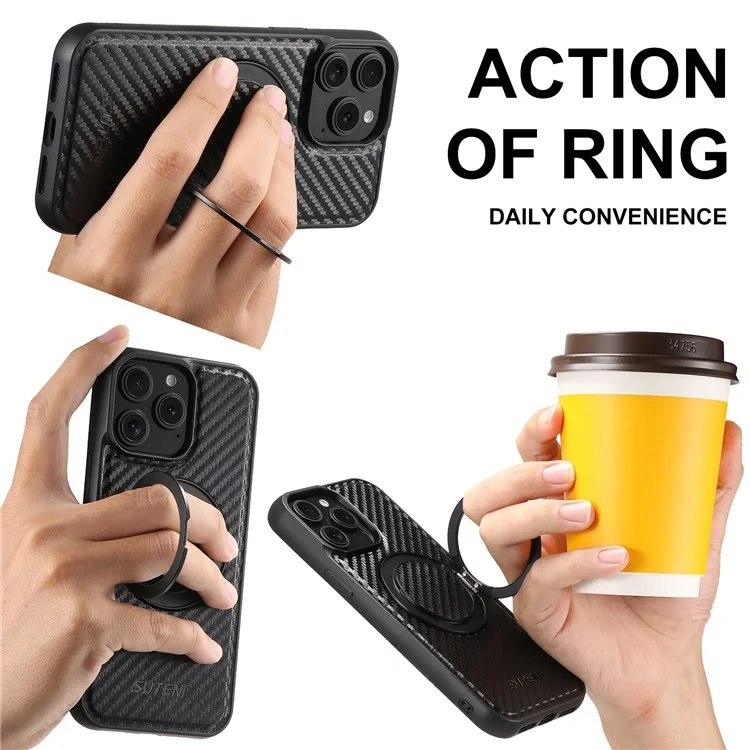SUTENI G3 For iPhone 14 Pro Max Magnetic Case 360 Degree Rotating Kickstand Carbon Fiber Texture PU Phone Back Cover