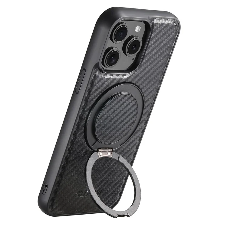SUTENI G3 For iPhone 14 Pro Max Magnetic Case 360 Degree Rotating Kickstand Carbon Fiber Texture PU Phone Back Cover