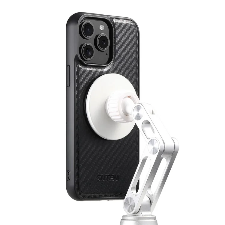 SUTENI G3 For iPhone 14 Pro Max Magnetic Case 360 Degree Rotating Kickstand Carbon Fiber Texture PU Phone Back Cover