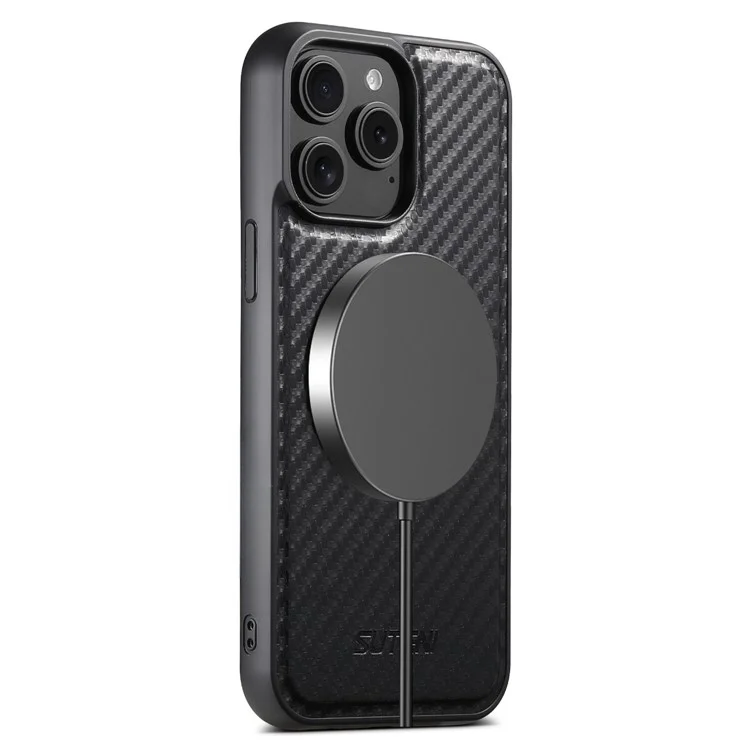 SUTENI G3 For iPhone 14 Pro Max Magnetic Case 360 Degree Rotating Kickstand Carbon Fiber Texture PU Phone Back Cover