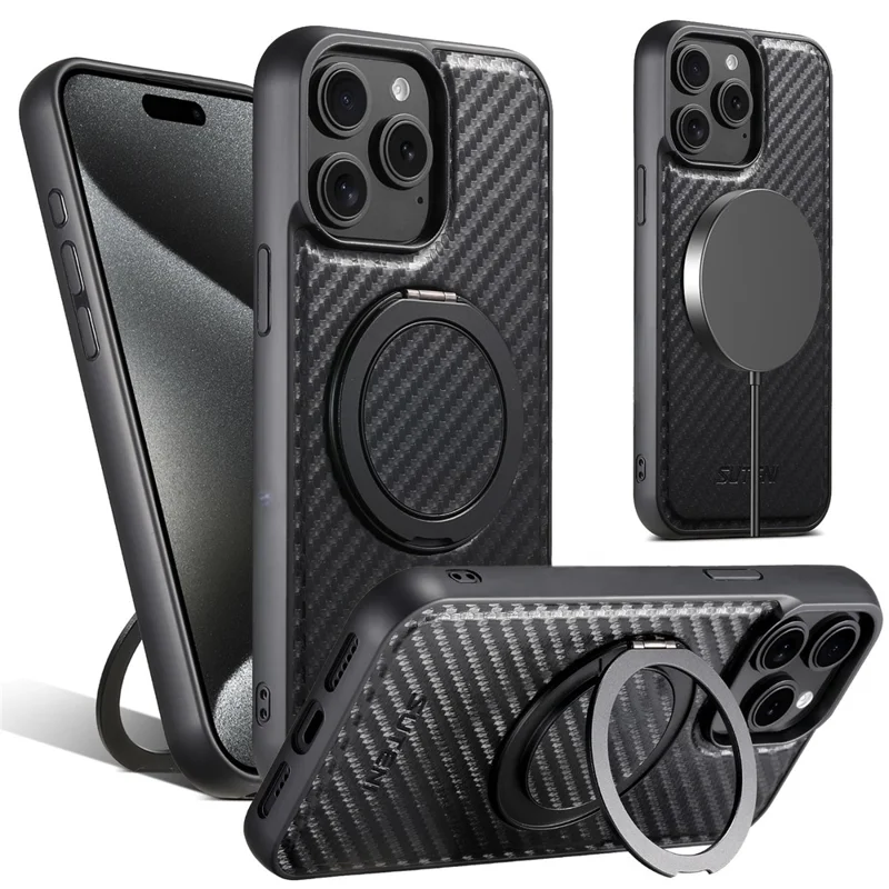 SUTENI G3 For iPhone 15 Pro Max Magnetic Case Rotating Kickstand Carbon Fiber Texture Leather Phone Back Cover