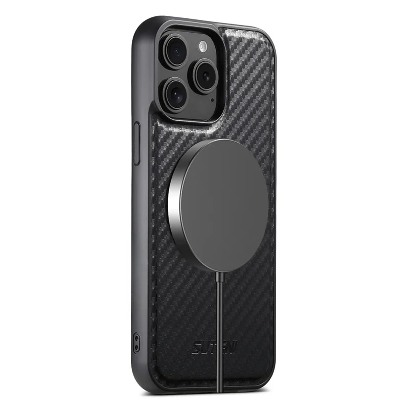 SUTENI G3 For iPhone 15 Pro Max Magnetic Case Rotating Kickstand Carbon Fiber Texture Leather Phone Back Cover