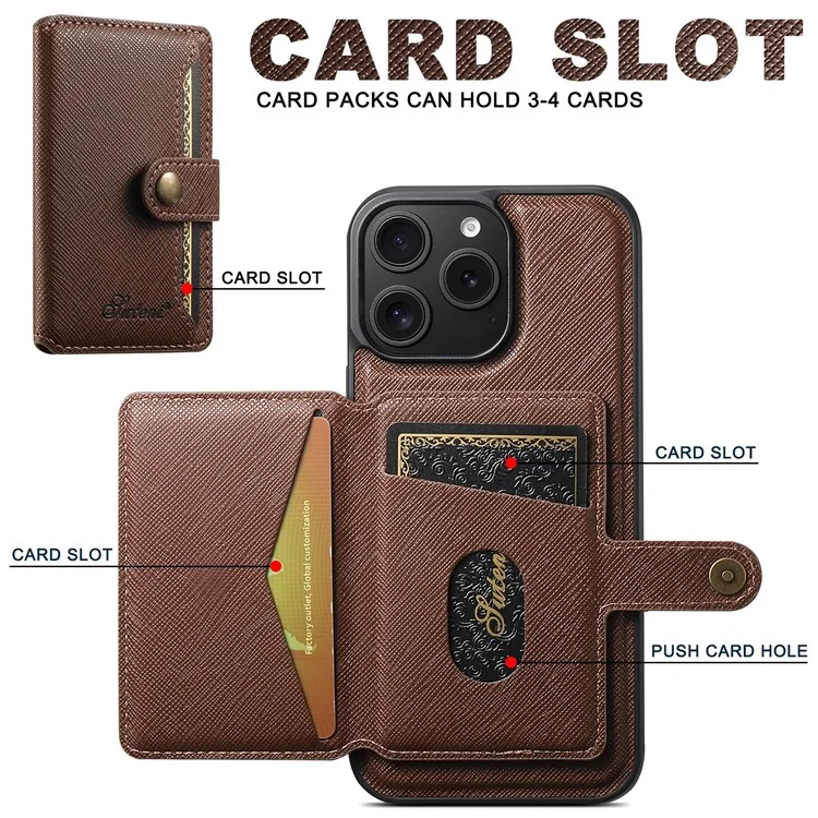 SUTENI H20 For iPhone 12 Pro  /  12 Magnetic Case Cross Texture Phone Back Cover with Detachable Card Holder - Brown
