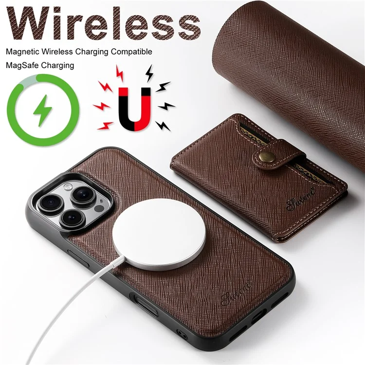 SUTENI H20 For iPhone 12 Pro  /  12 Magnetic Case Cross Texture Phone Back Cover with Detachable Card Holder - Brown