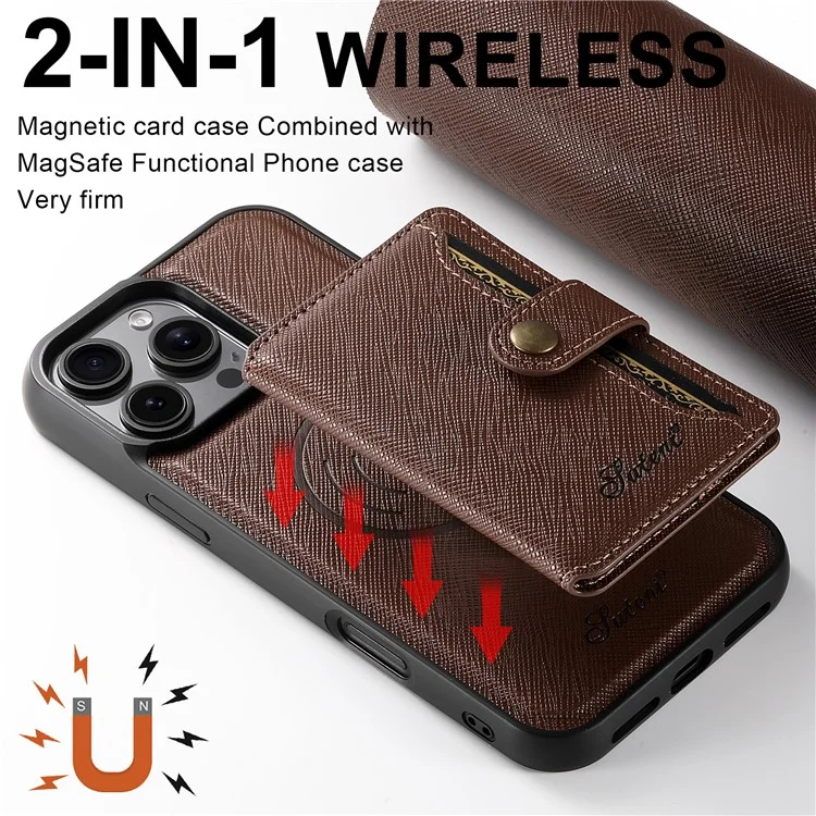 SUTENI H20 For iPhone 12 Pro  /  12 Magnetic Case Cross Texture Phone Back Cover with Detachable Card Holder - Brown