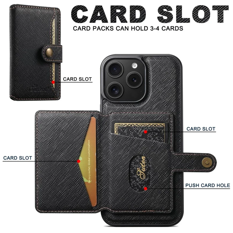 SUTENI H20 For iPhone 13 Pro Magnetic Case Cross Texture Phone Back Cover with Detachable Card Holder - Black