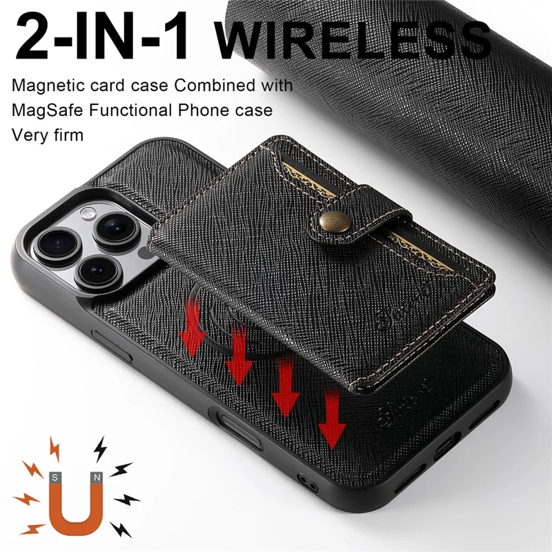SUTENI H20 For iPhone 13 Pro Magnetic Case Cross Texture Phone Back Cover with Detachable Card Holder - Black