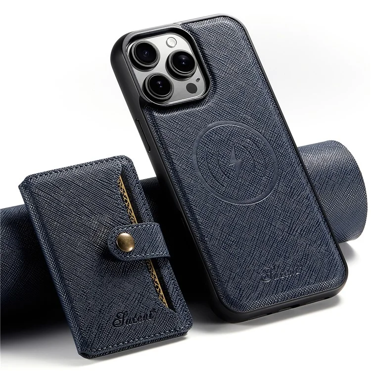 SUTENI H20 For iPhone 13 Pro Max Magnetic Case Cross Texture Phone Back Cover with Detachable Card Holder - Blue