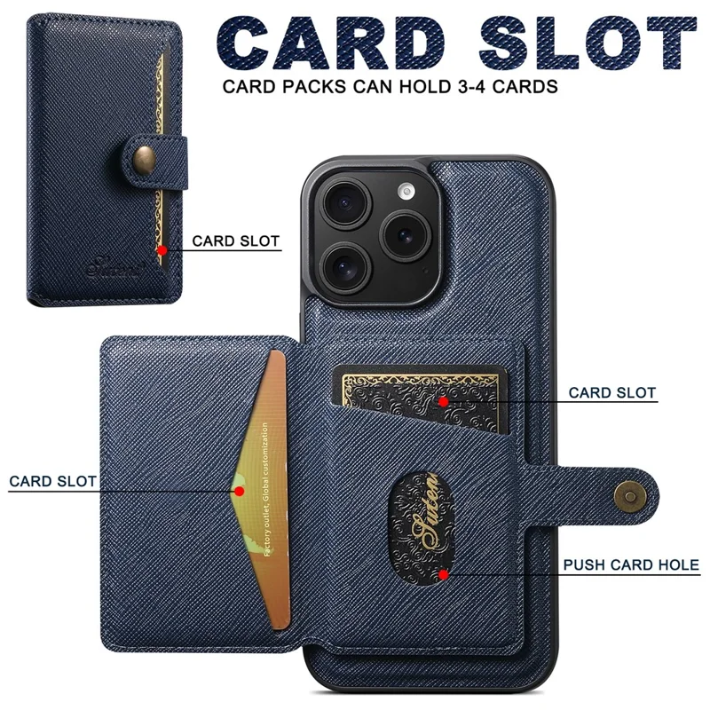 SUTENI H20 For iPhone 13 Pro Max Magnetic Case Cross Texture Phone Back Cover with Detachable Card Holder - Blue