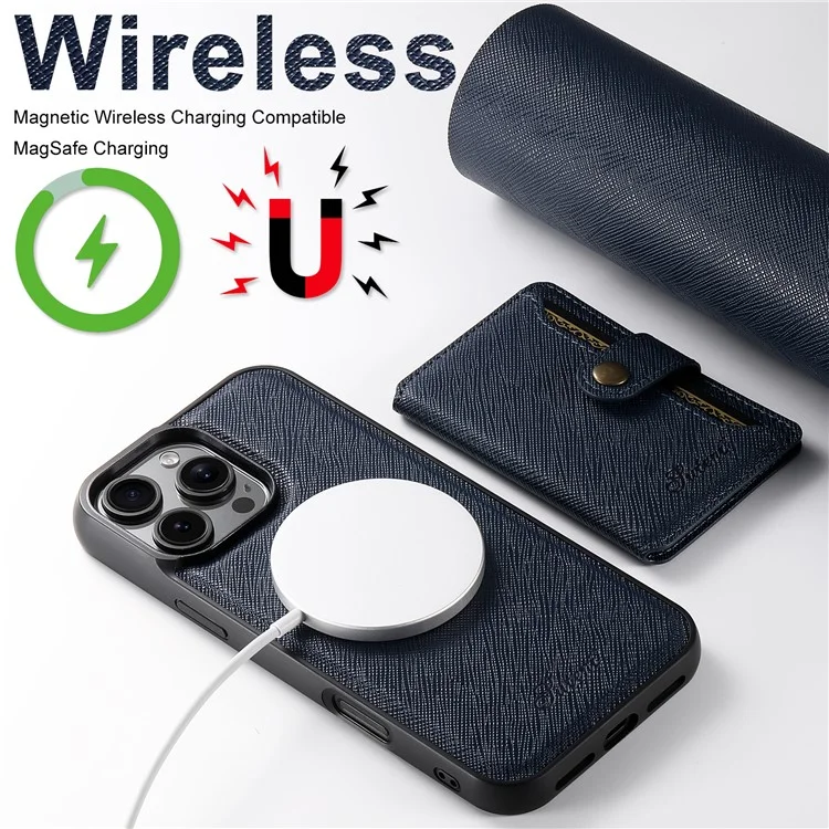 SUTENI H20 For iPhone 13 Pro Max Magnetic Case Cross Texture Phone Back Cover with Detachable Card Holder - Blue