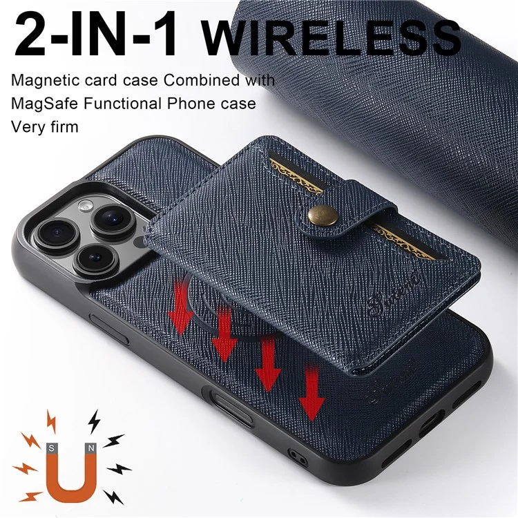SUTENI H20 For iPhone 13 Pro Max Magnetic Case Cross Texture Phone Back Cover with Detachable Card Holder - Blue