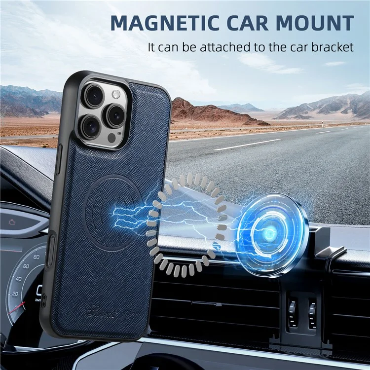 SUTENI H20 For iPhone 13 Pro Max Magnetic Case Cross Texture Phone Back Cover with Detachable Card Holder - Blue