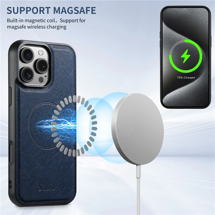 SUTENI H20 For iPhone 13 Pro Max Magnetic Case Cross Texture Phone Back Cover with Detachable Card Holder - Blue