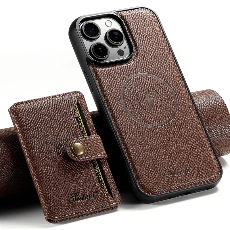 SUTENI H20 For iPhone 14 Pro Magnetic Case Cross Texture Phone Back Cover with Detachable Card Holder - Brown