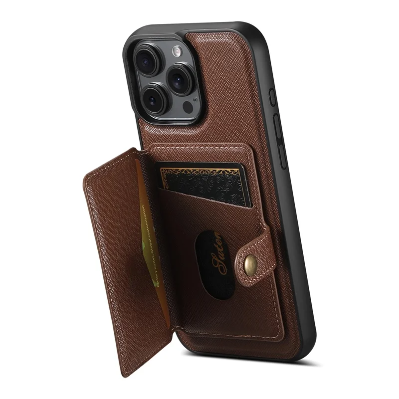 SUTENI H20 For iPhone 14 Pro Magnetic Case Cross Texture Phone Back Cover with Detachable Card Holder - Brown