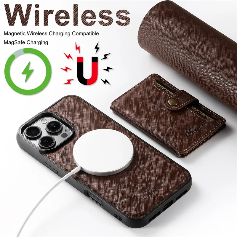 SUTENI H20 For iPhone 14 Pro Magnetic Case Cross Texture Phone Back Cover with Detachable Card Holder - Brown