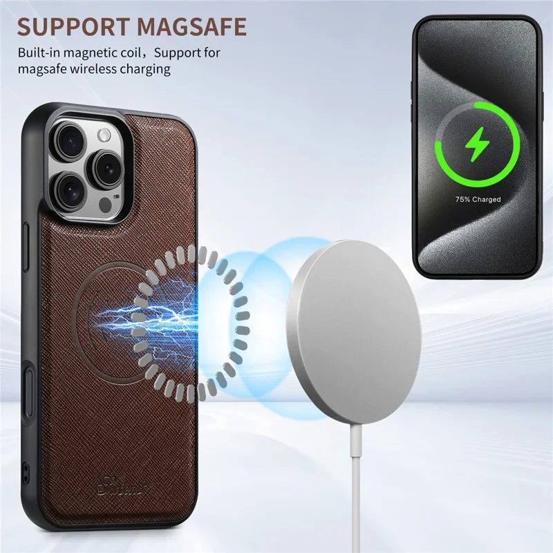 SUTENI H20 For iPhone 14 Pro Magnetic Case Cross Texture Phone Back Cover with Detachable Card Holder - Brown