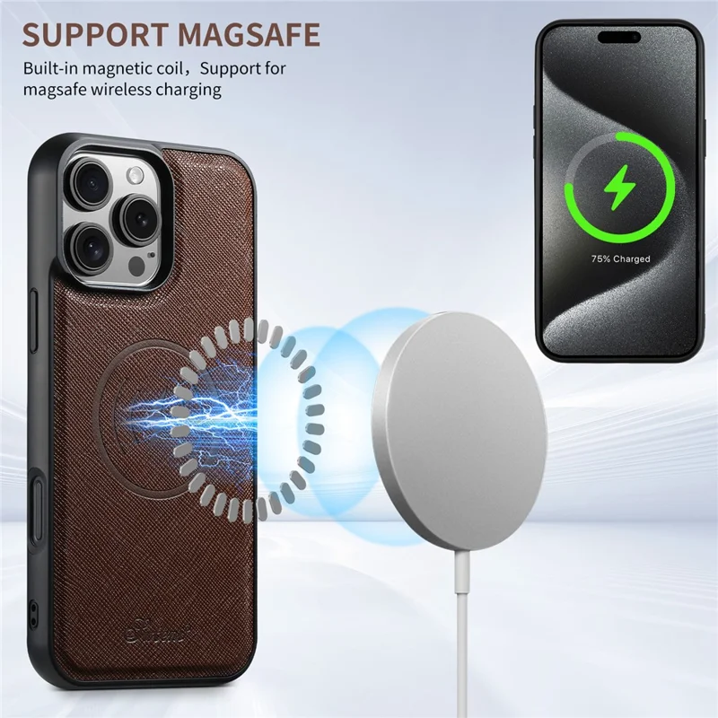 SUTENI H20 For iPhone 15 Pro Max Magnetic Case Cross Texture Phone Back Cover with Detachable Card Holder - Brown