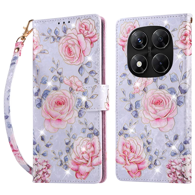 Til Xiaomi Redmi Note 14 Pro 5G / Poco X7 5G Etui med RFID-blokerende Blomsterlæder Telefonbeskyttelse - Roseblomst