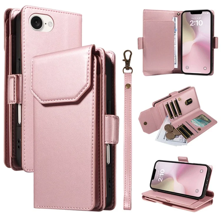 For iPhone 16e Case with Multi-Card Holder and Strap PU Leather Phone Cover Stand - Rose Gold