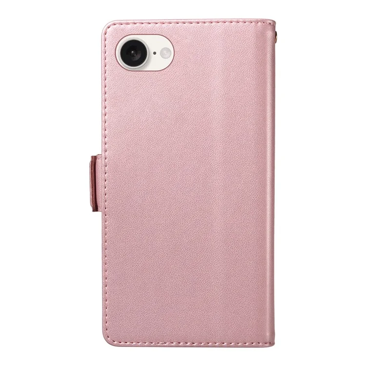 For iPhone 16e Case with Multi-Card Holder and Strap PU Leather Phone Cover Stand - Rose Gold
