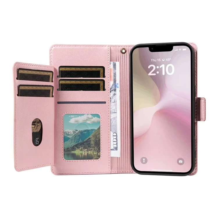 For iPhone 16e Case with Multi-Card Holder and Strap PU Leather Phone Cover Stand - Rose Gold