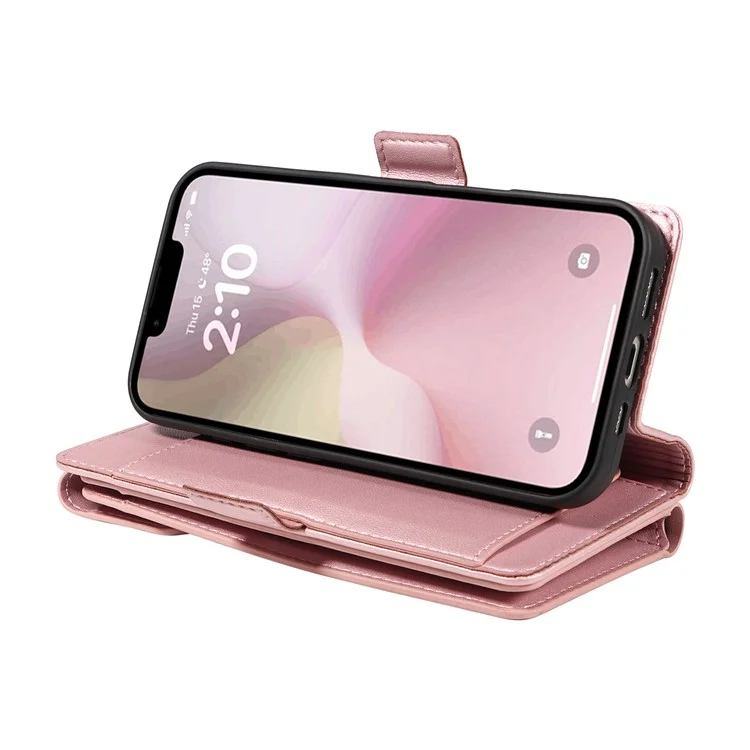 For iPhone 16e Case with Multi-Card Holder and Strap PU Leather Phone Cover Stand - Rose Gold