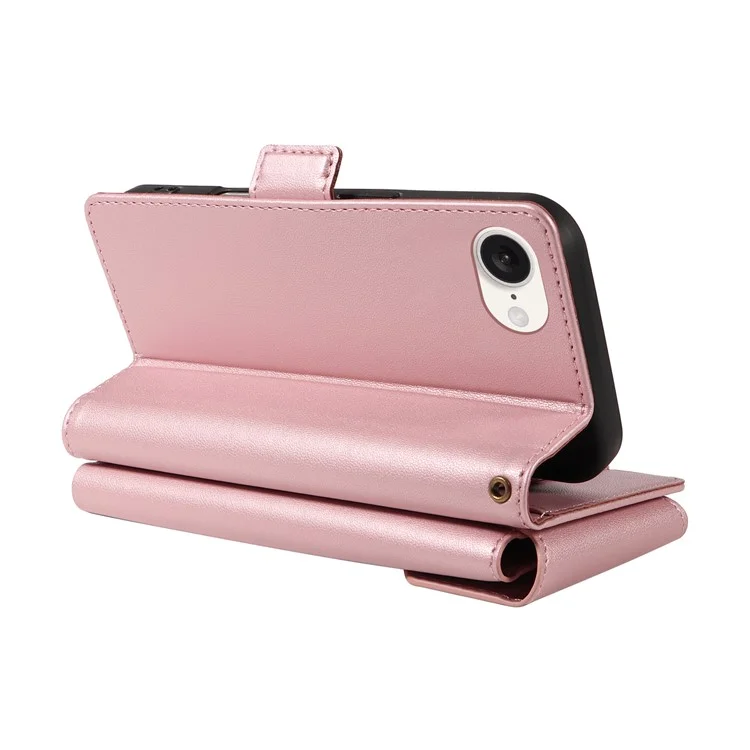 For iPhone 16e Case with Multi-Card Holder and Strap PU Leather Phone Cover Stand - Rose Gold