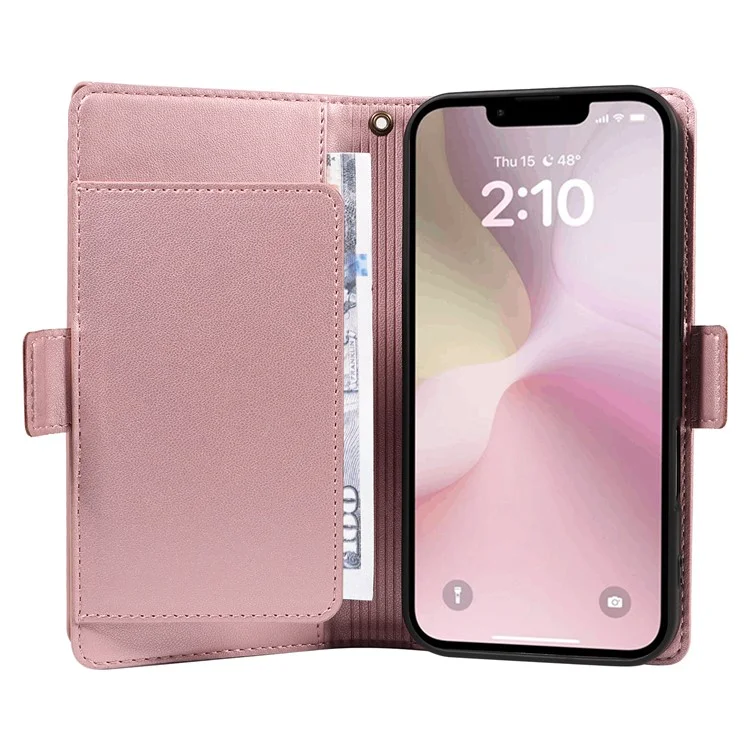 For iPhone 16e Case with Multi-Card Holder and Strap PU Leather Phone Cover Stand - Rose Gold