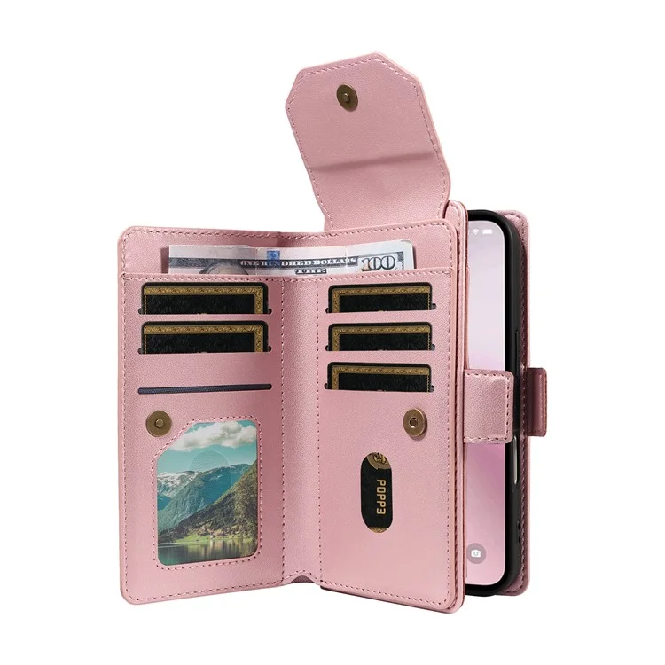 For iPhone 16e Case with Multi-Card Holder and Strap PU Leather Phone Cover Stand - Rose Gold