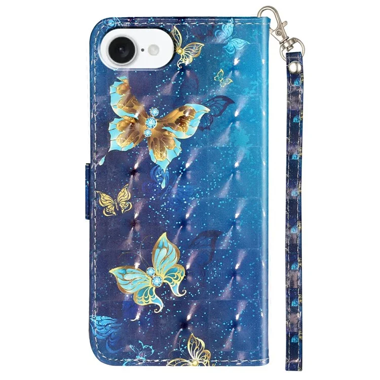 For iPhone 16e Case 3D Pattern Printed Phone Leather Phone Cover - Blue Gold Butterflies
