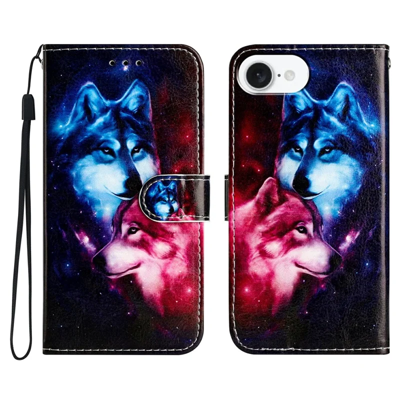 For iPhone 16e Wallet Case Printed Pattern Design Leather Phone Cover - Couple Wolf