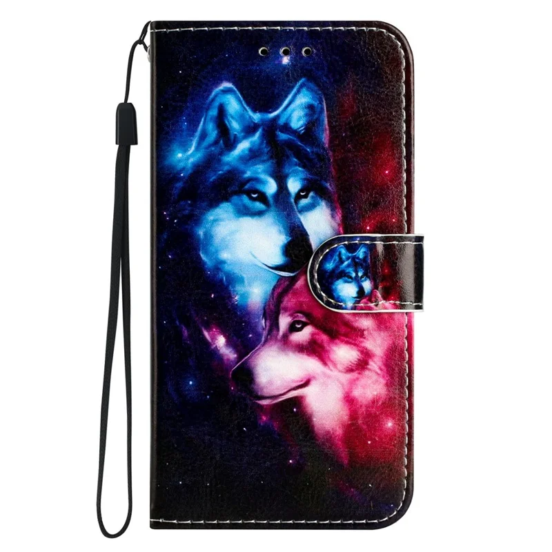 For iPhone 16e Wallet Case Printed Pattern Design Leather Phone Cover - Couple Wolf