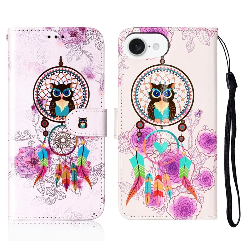 For iPhone 16e Case Pattern Leather Wallet Phone Cover - Wind Chime Owl