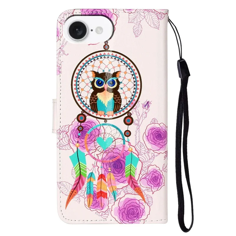 For iPhone 16e Case Pattern Leather Wallet Phone Cover - Wind Chime Owl