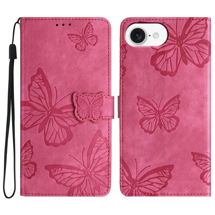 Funda para iPhone 16e Diseño de Mariposa Tapa Billetera Piel Cubierta de Teléfono Skin-Touch - Rosa