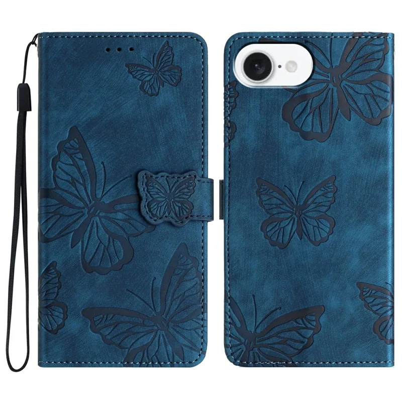 For iPhone 17e / 16e Case Butterfly Design Flip Wallet Leather Phone Cover Skin-Touch - Blue