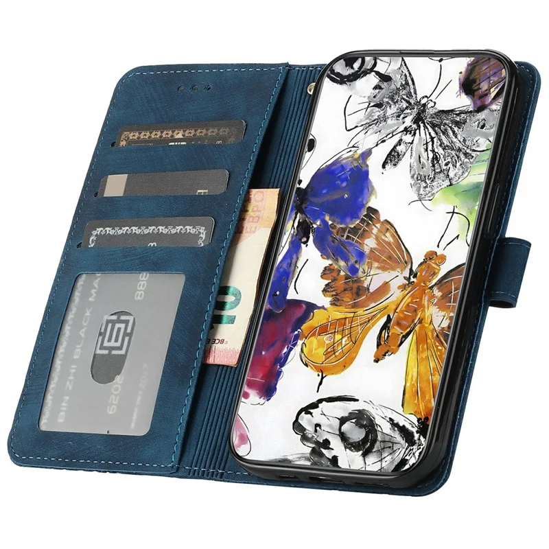 For iPhone 17e / 16e Case Butterfly Design Flip Wallet Leather Phone Cover Skin-Touch - Blue
