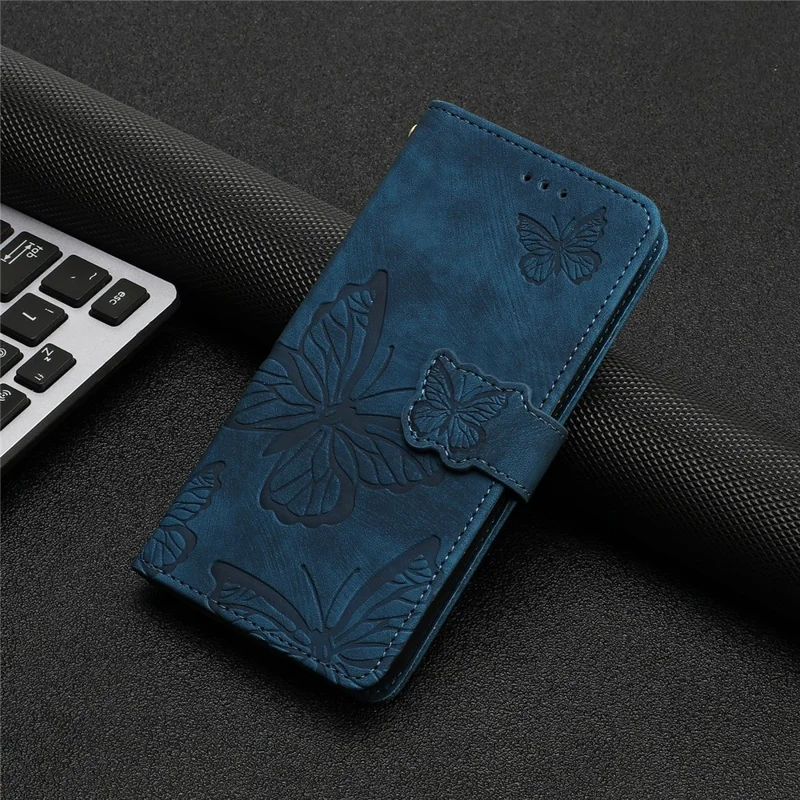 For iPhone 17e / 16e Case Butterfly Design Flip Wallet Leather Phone Cover Skin-Touch - Blue
