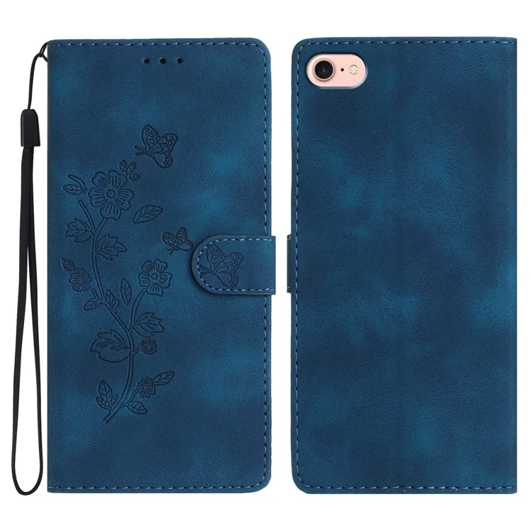 For iPhone 16e Case Leather Imprinted Flower Phone Cover Wallet with Wrist Strap - Blue