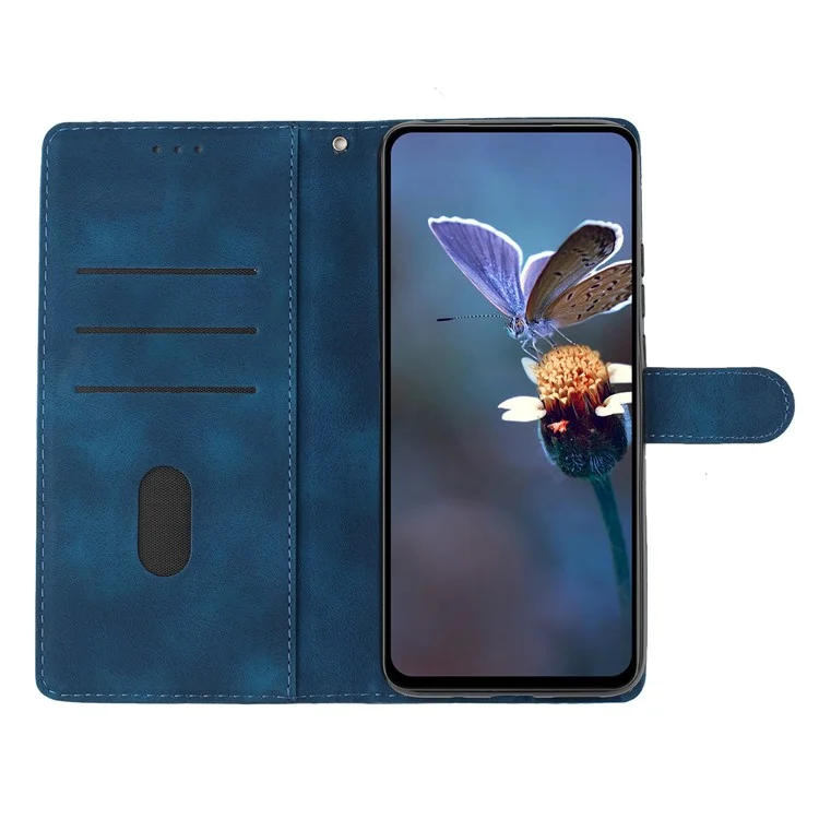 For iPhone 16e Case Leather Imprinted Flower Phone Cover Wallet with Wrist Strap - Blue
