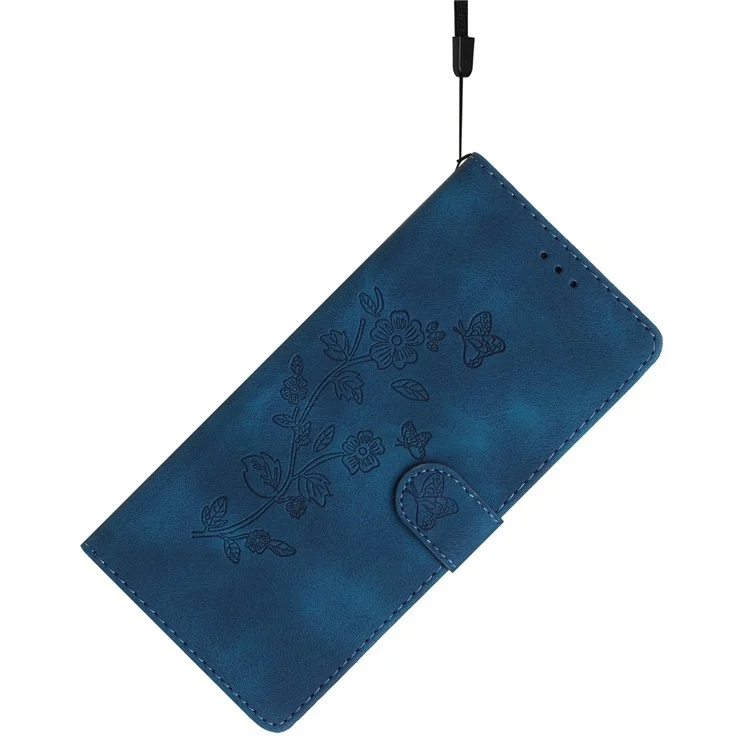 For iPhone 16e Case Leather Imprinted Flower Phone Cover Wallet with Wrist Strap - Blue