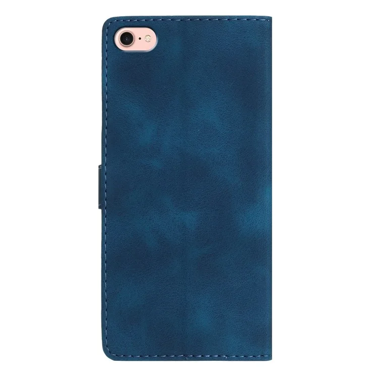 For iPhone 16e Case Leather Imprinted Flower Phone Cover Wallet with Wrist Strap - Blue